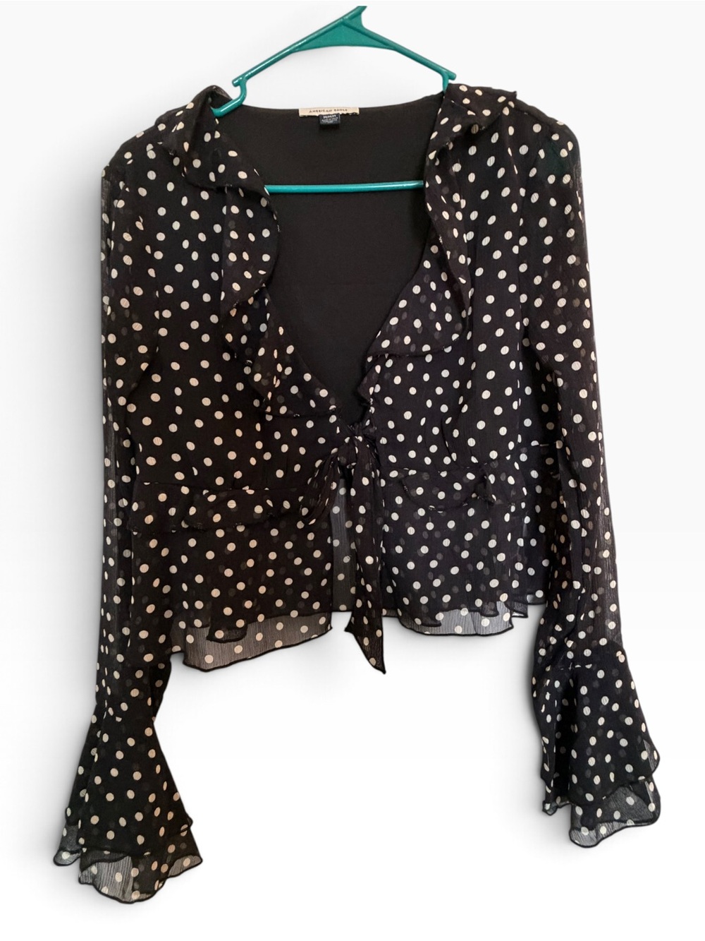 American Rag Black Polka Dot Chiffon Ruffle Wrap Blouse – Size M